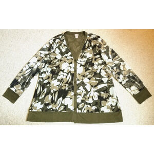 Womens Sweater-CHICO'S-green/ivory camo floral stretch mesh cardigan BOHO-3 (XL)